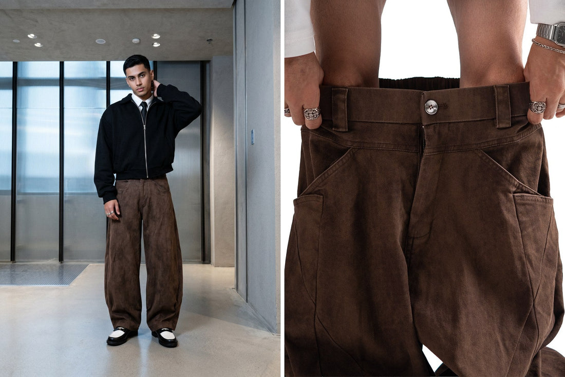 SAMA Brown Utility Trousers styled with a black zip jacket, and a close-up of the waistband and front pockets