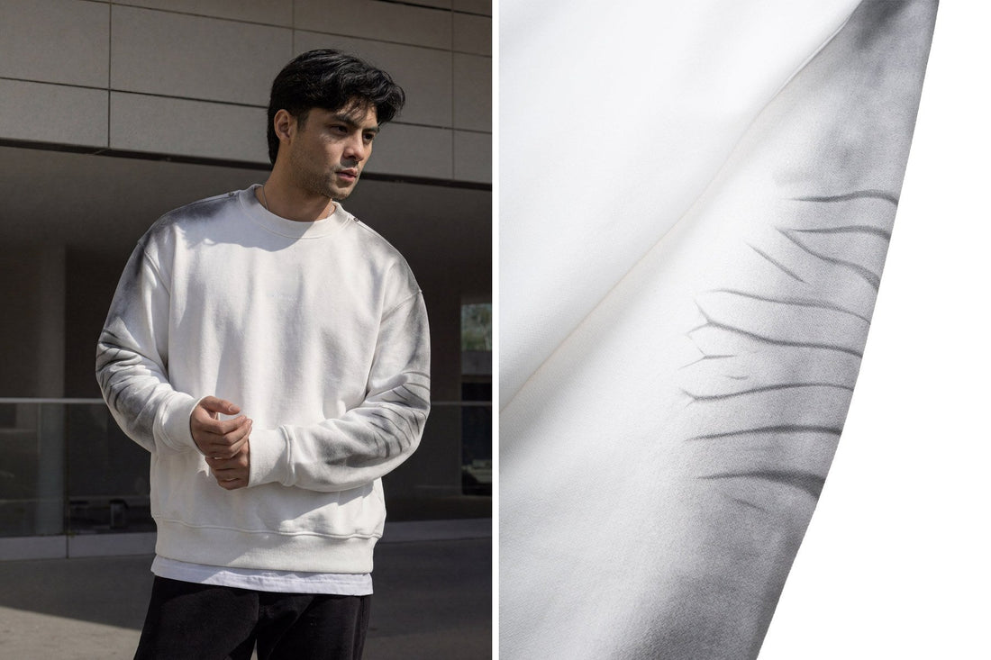 Man wearing the SAMA White Ribbed Long Sleeve, beside a close-up of its ribbed grey gradient sleeve print
