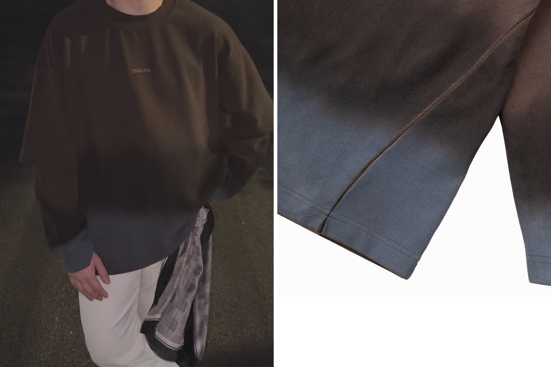 SAMA Brown Ombre Long Sleeve worn at night with a shirt tied at the waist, beside a close-up of its faux two-piece layered sleeve