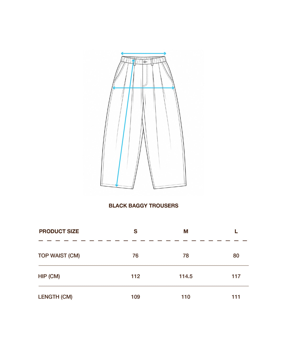 A size measurement diagram for black baggy trousers, showing a line drawing of the pants with blue measurement guides and a size table below listing top waist, hip, and length in centimeters for sizes S, M, and L.