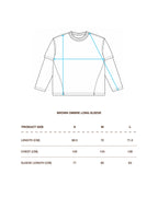 A size measurement diagram for a brown ombre long sleeve shirt, showing a line drawing of the garment with blue measurement guides and a size table for S, M, and L with length and chest measurements in centimeters.