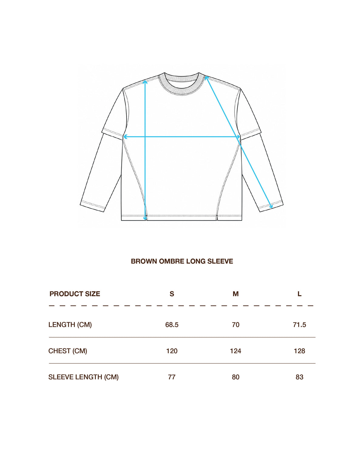 A size measurement diagram for a brown ombre long sleeve shirt, showing a line drawing of the garment with blue measurement guides and a size table for S, M, and L with length and chest measurements in centimeters.