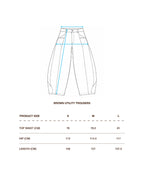 A size measurement diagram for brown utility trousers, showing a line drawing of the pants with blue measurement arrows and a size table below listing waist, hip, and length measurements for small, medium, and large sizes.