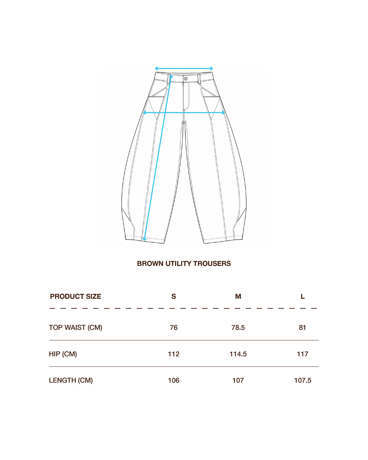A size measurement diagram for brown utility trousers, showing a line drawing of the pants with blue measurement arrows and a size table below listing waist, hip, and length measurements for small, medium, and large sizes.