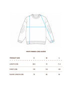 Measurement chart for a white ribbed long sleeve sweatshirt, showing a simple line drawing with blue dimension arrows and a size table for S, M, and L with length and chest measurements in centimeters.