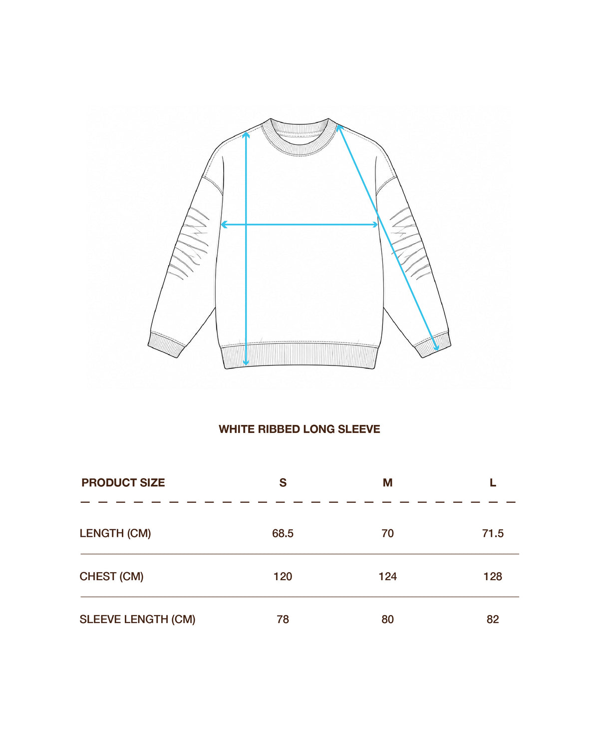 Measurement chart for a white ribbed long sleeve sweatshirt, showing a simple line drawing with blue dimension arrows and a size table for S, M, and L with length and chest measurements in centimeters.
